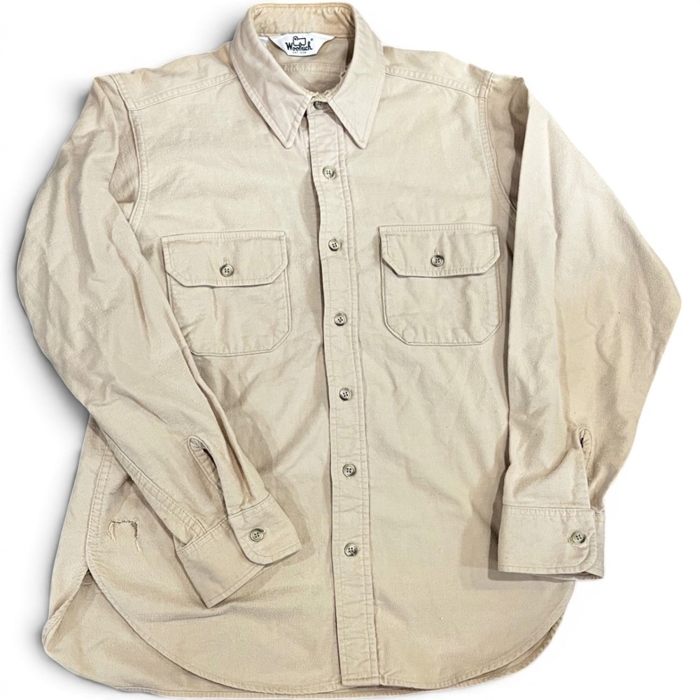 Vintage Woolrich Chamois Shirt Mens Medium Tan Beige Cotton Thrashed USA 6405